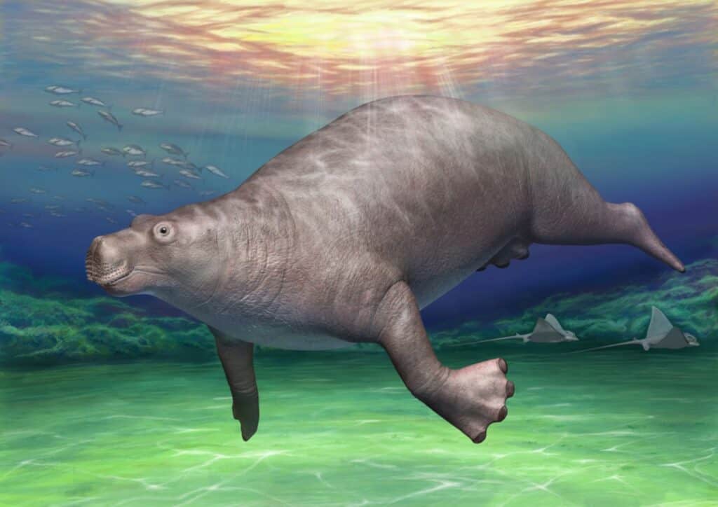 An ancient Paleoparadoxia swims along the ocean floor.