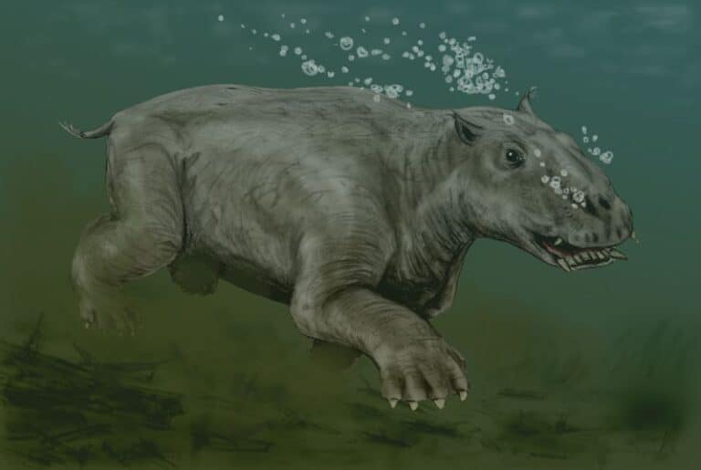 An artistic representation of Paleoparadoxia swimming through dark waters.