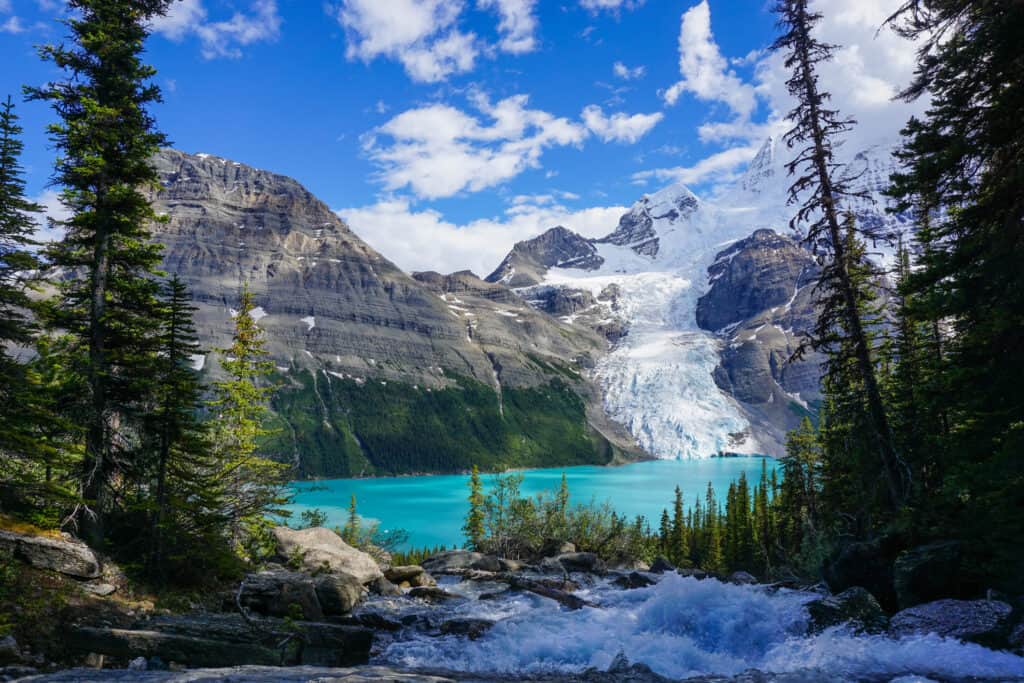 Views of glacial Berg Lake hiking the Berg Lake Trail in Mount Robson Provincial Park, British Columbia, Canada.