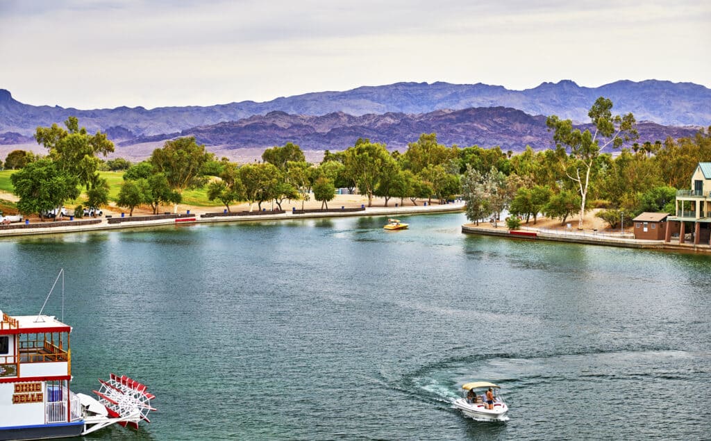 Lake Havasu, Arizona, USA - June 30, 2021: Boats on Lake Havasu, Arizona taken from the the London Bridge