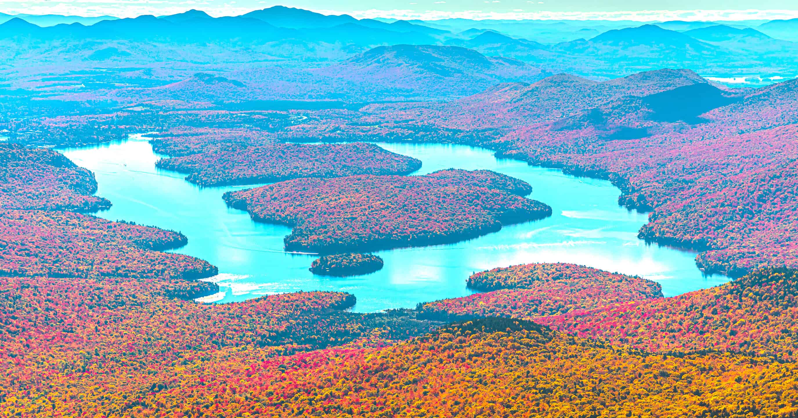 Aerial view of Lake Placid, NY, with fall foliage