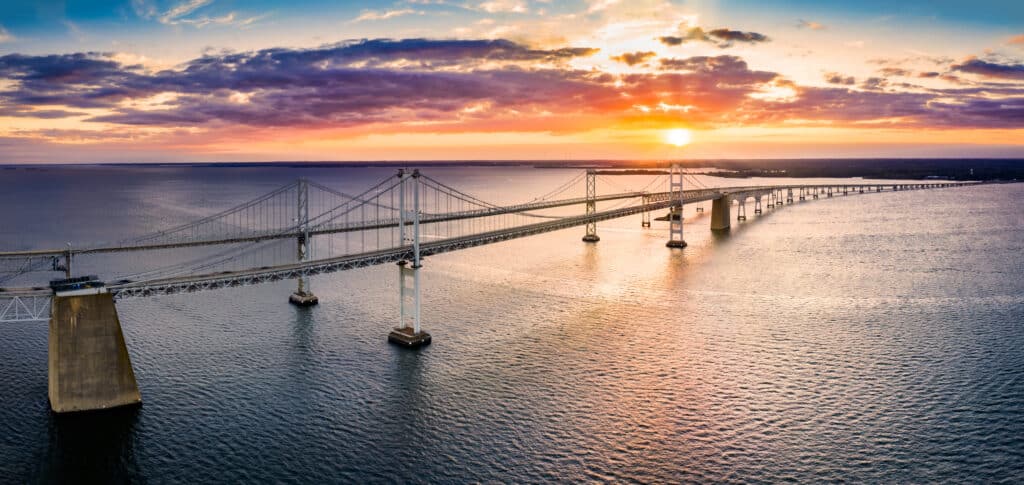Aerial,Panorama,Of,Chesapeake,Bay,Bridge,At,Sunset.,The,Chesapeake