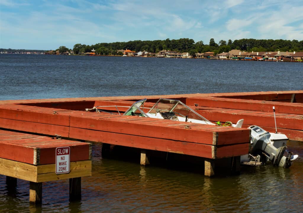 View of fishing docks on Lake Conroe