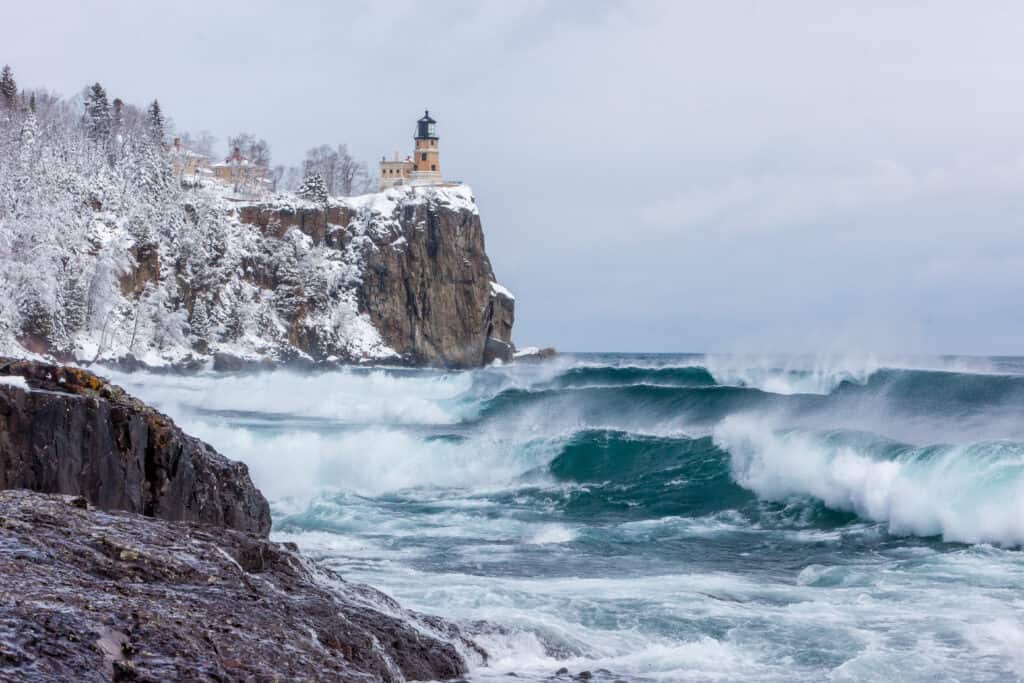 Lighthouse overlooks winter storm on Lake Superior