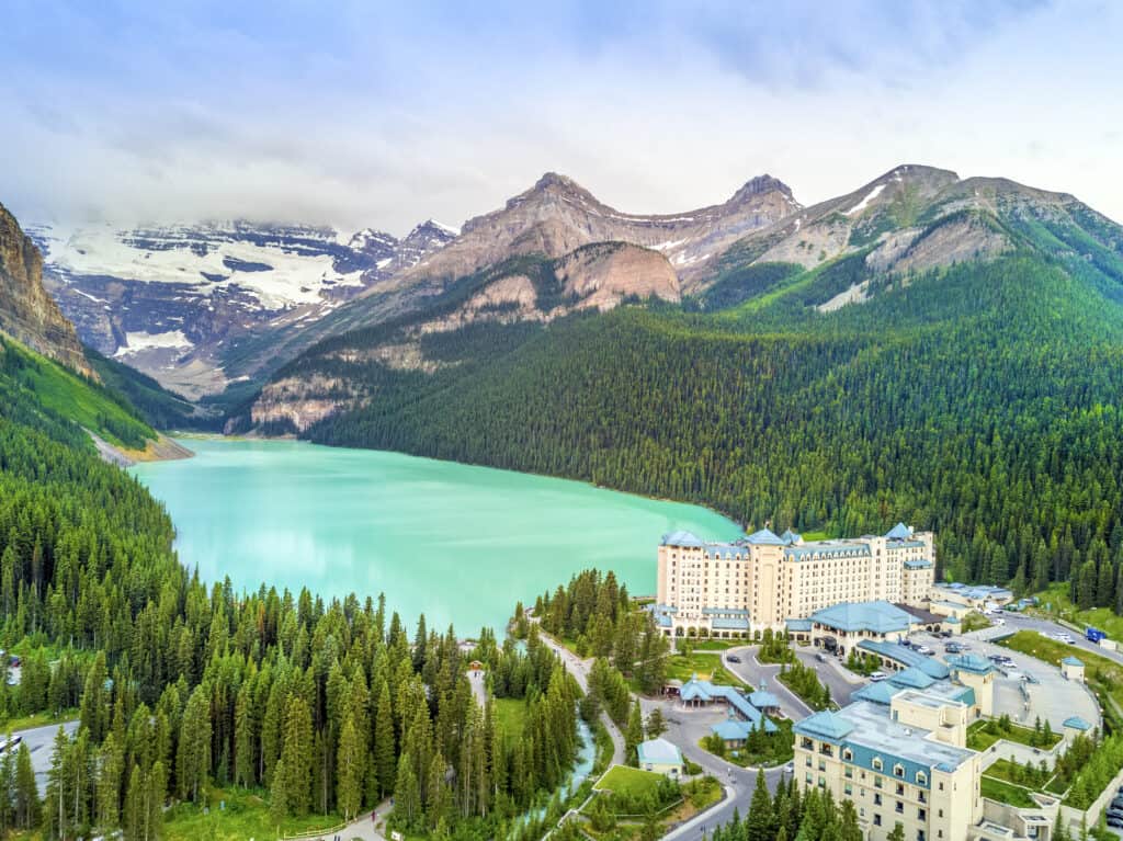An arial shot of Lake Louise including the Banff hotel