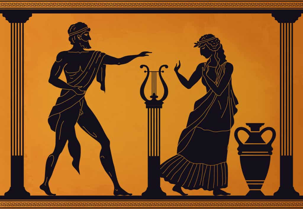 Ancient Greece scene. Antique vase with silhouettes of mythology characters and gods, Vector legendary Greek people mythological pattern old culture with woman and man in toga with lyre and amphora