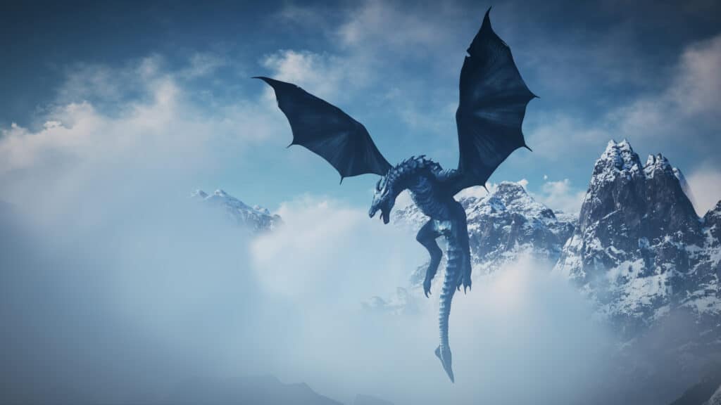 dragon flying near the peak of a mountian
