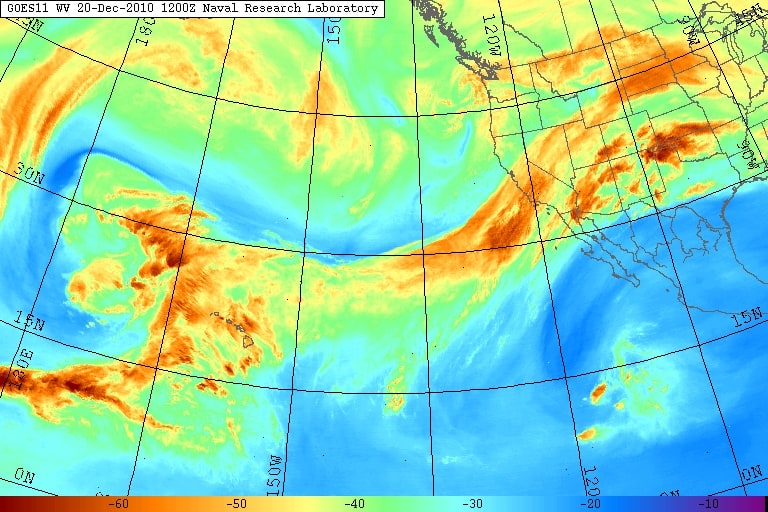Image of a large atmospheric river aimed across California