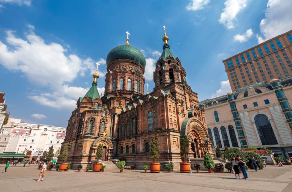 famous harbin sophia cathedral in blue sky from square