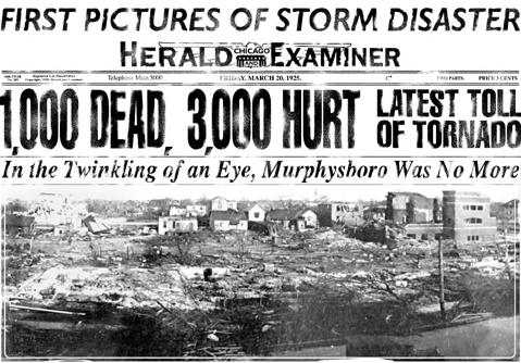 A Herald Examiner headline covering the Great Tri-State Tornado of 1925.