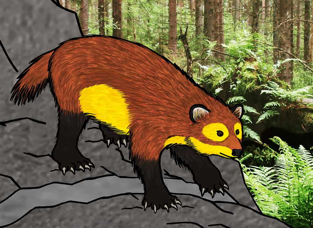 This restoration are mostly based on 820846, a fossil specimen consisting of a crushed skull, vertebral column, tail and limb bones: it was first described in 1985 as a species of the of the "dawn bear" genus Ursavus, named "Ursavus orientalis",[1] but subsequent studies have placed it into Ballusia