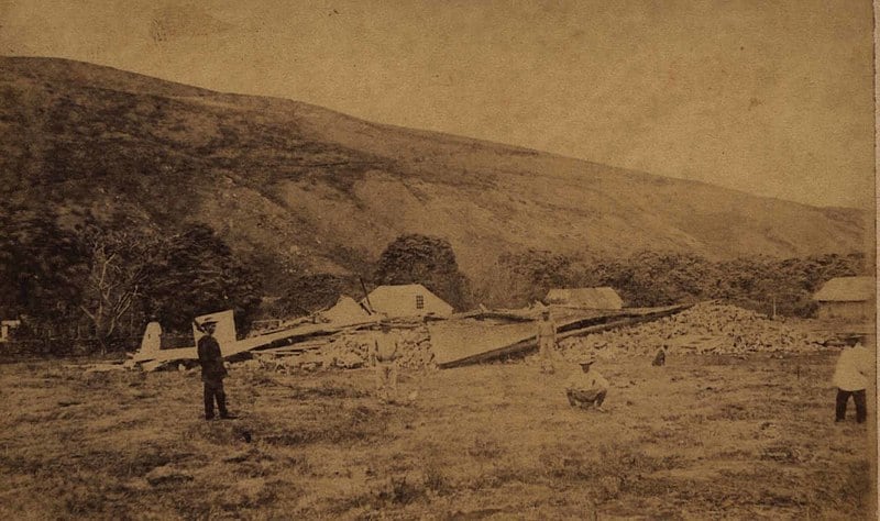 Sepia-toned photograph of Waiohinu Church destroyed by the 1868 earthquake in Hawaii