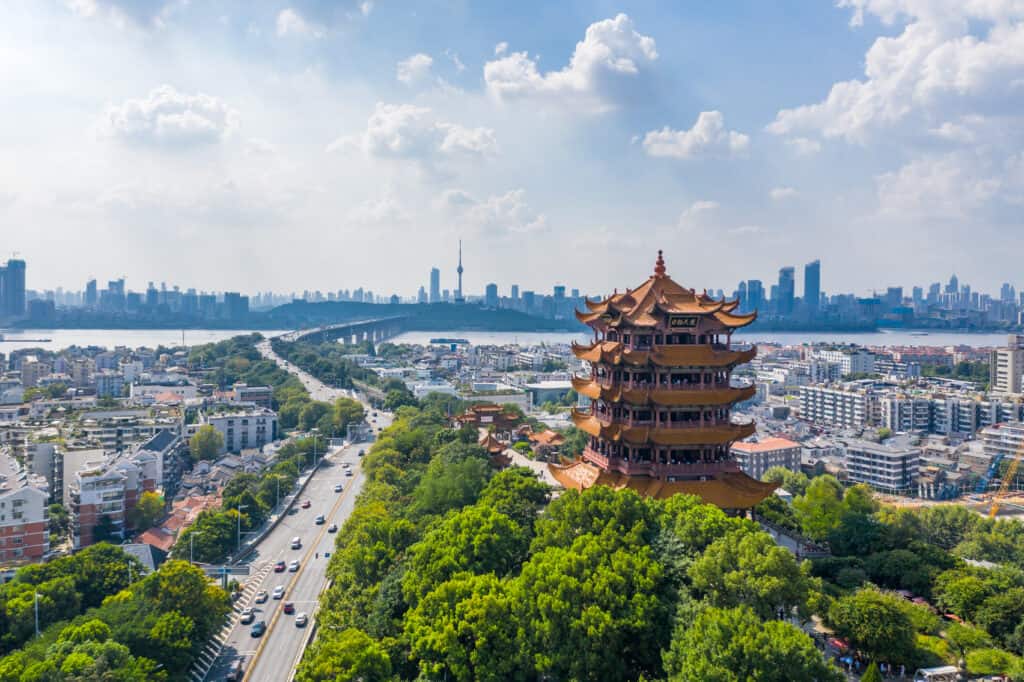 Aerial view of Wuhan city .The yellow crane tower , located on snake hill in Wuhan, is one of the three famous towers south of yangtze river,China.