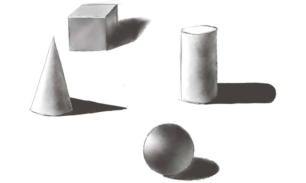 Four basic art shapes are cone, cube, ball, and cylinder; learn to draw them with their shadows.