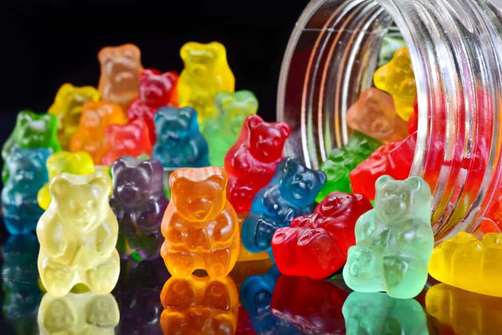 Jar with several colorful Gummy bears