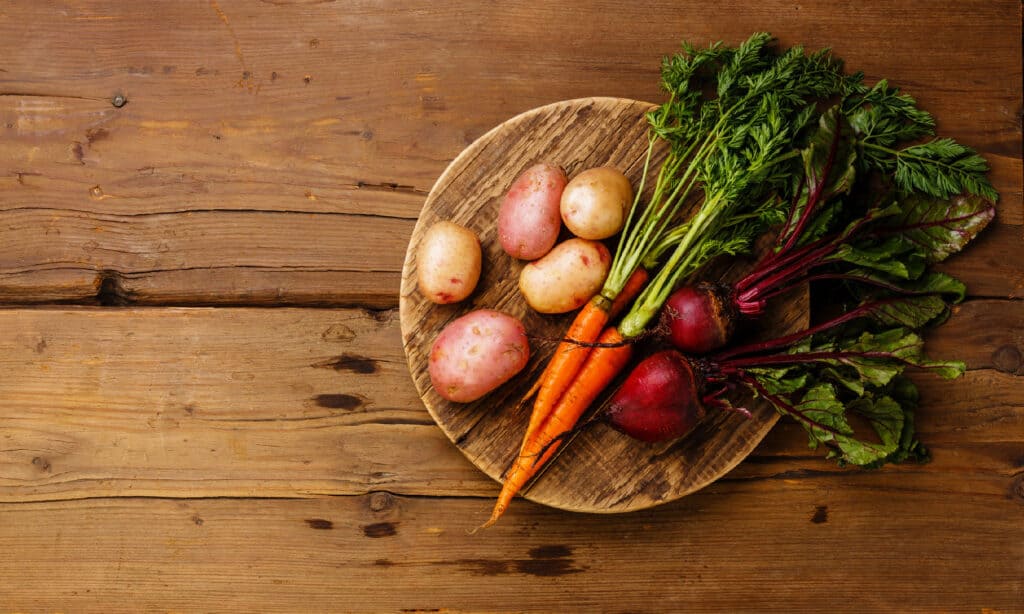 Carrot, Raw Potato, Beet, Cutting Board, Copy Space