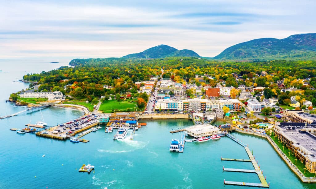 Aerial view of Bar Harbor, Maine. Bar Harbor is a town on Mount Desert Island in Hancock County, Maine and a popular tourist destination.