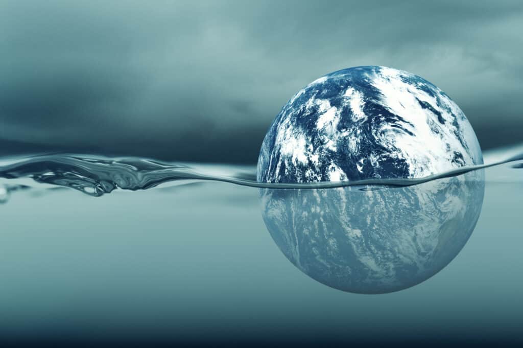 3D illustration of the earth drowning in a sea of water