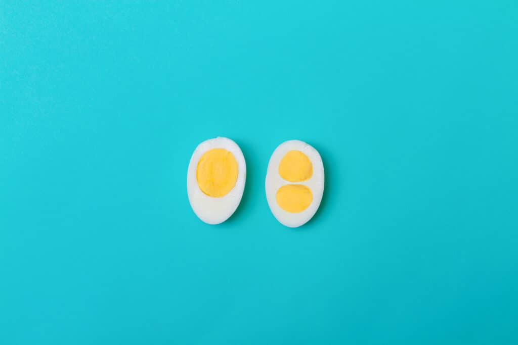 Two halfs of a hard-boiled egg, one with a double yolk, against a turquoise background