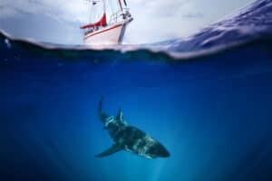 This 20ft Great White Shark Calmly Swims Under A Boat in Cape Cod Bay Picture