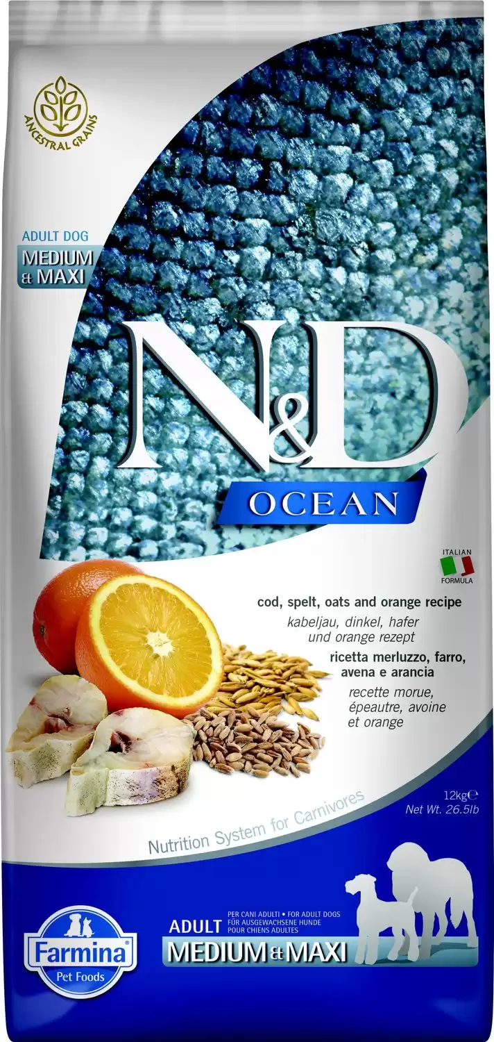 Farmina N&D Ocean Codfish & Orange Ancestral Grain Medium & Maxi Adult Dry Dog Food