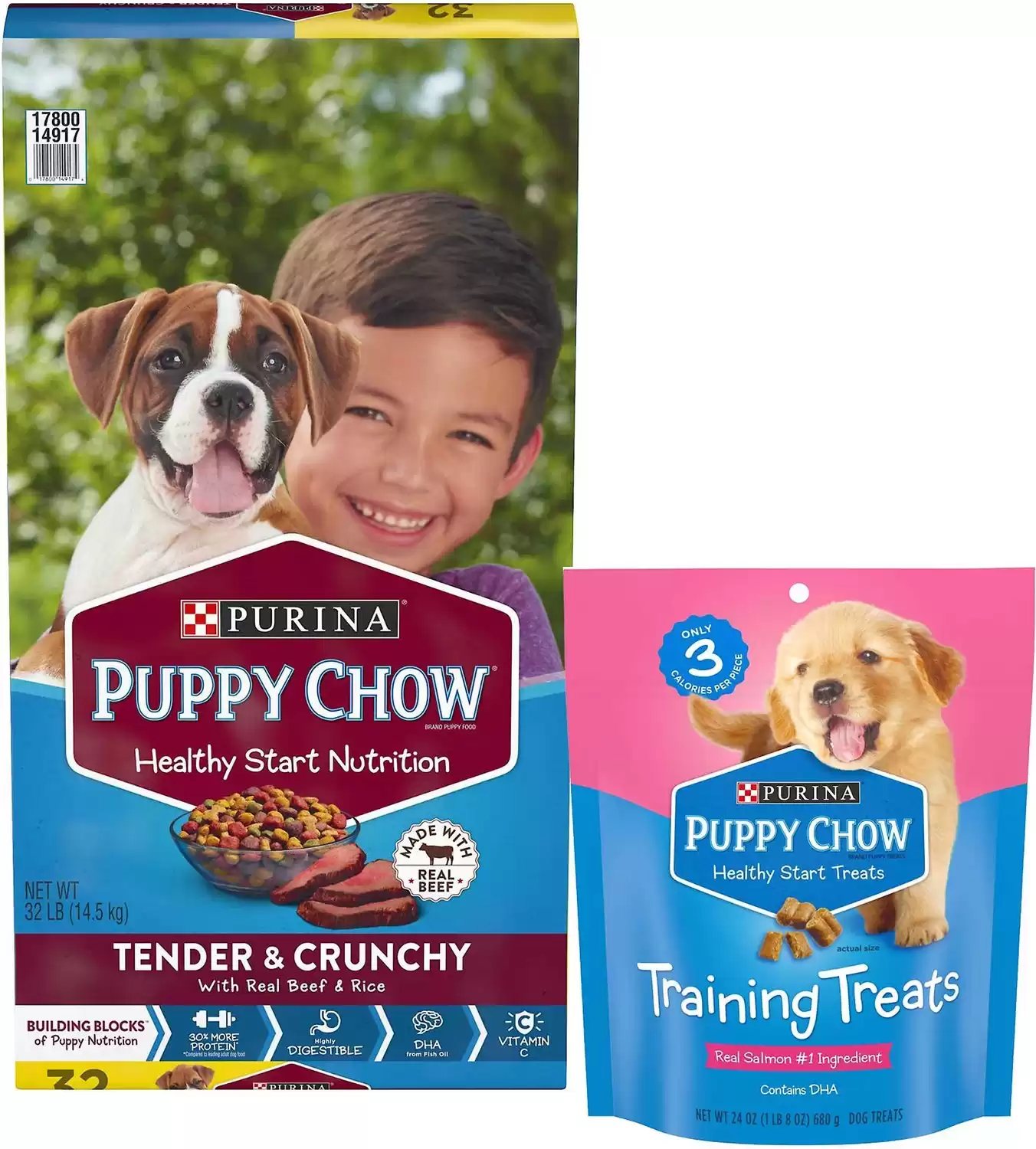Bundle: Purina Puppy Chow Tender & Crunchy Dry Food + Salmon Flavor Training Dog Treats