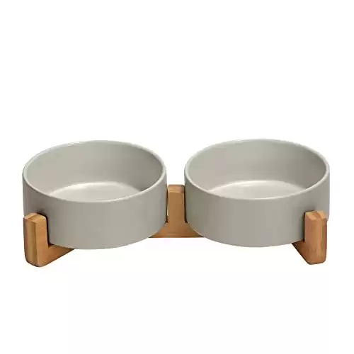 Ceramic Pet Bowl Set with Bamboo Stand