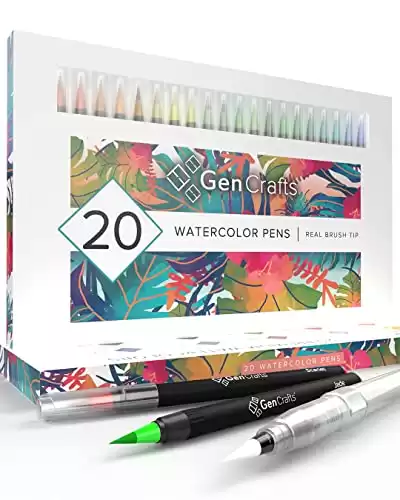 Watercolor Brush Pens by GenCrafts - Set of 20 Premium Colors - Real Brush Tips