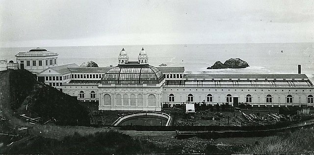 Black and white photo of Sutro Baths, San Francisco, circa 1896 