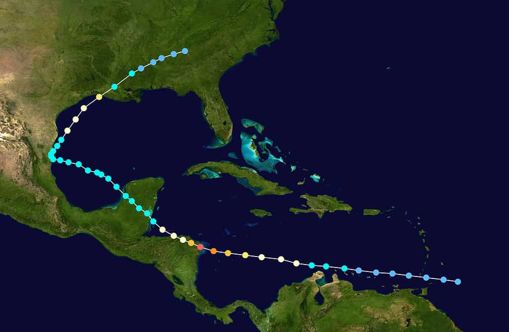 Hurricane Edith (1971) track. Uses the color scheme from the Saffir–Simpson scale.