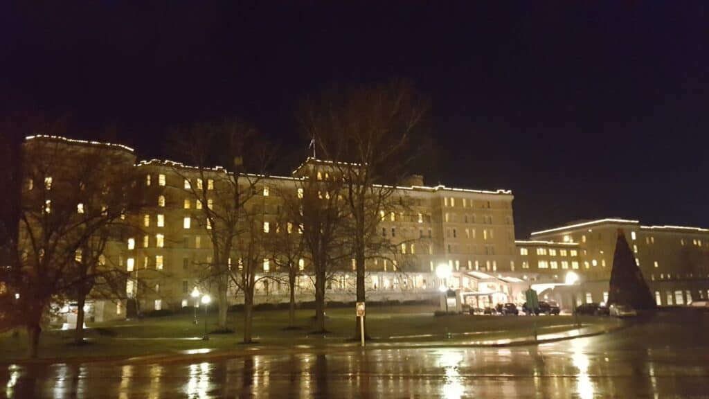 The French Lick Springs Hotel at night.