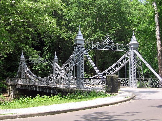 Mill Creek Park Suspension Bridge, located in Mahoning County, Ohio, listed on the National Register of Historic Places.