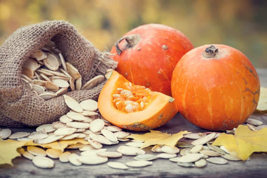 Pumpkins and canvas bag with pumpkins seeds on wooden table.