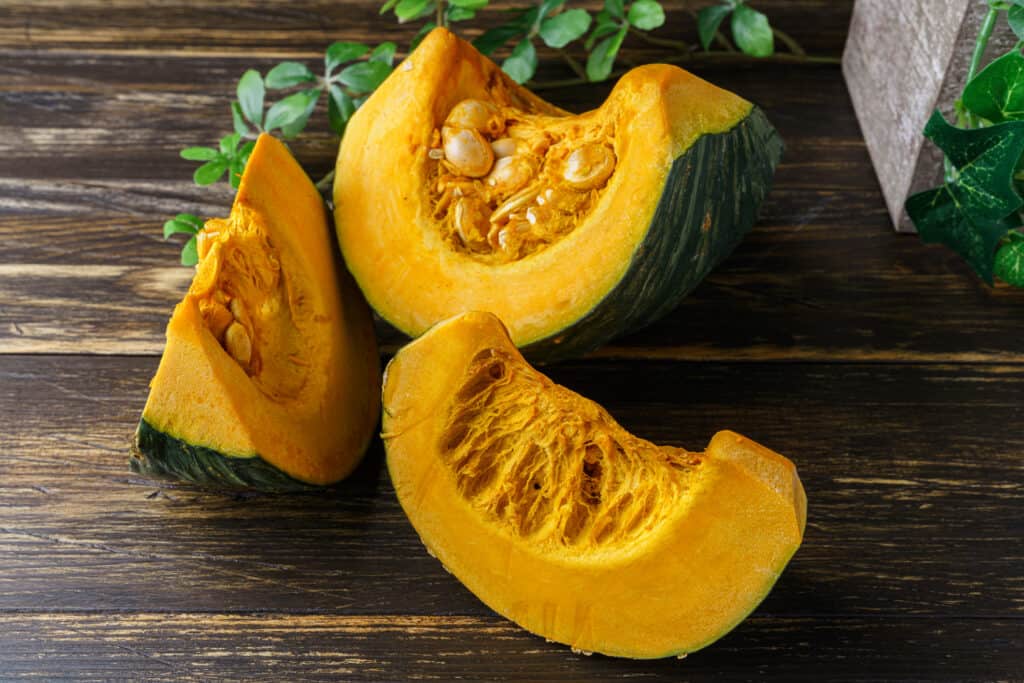 Kabocha tastes like a cross between pumpkin and sweet potato.