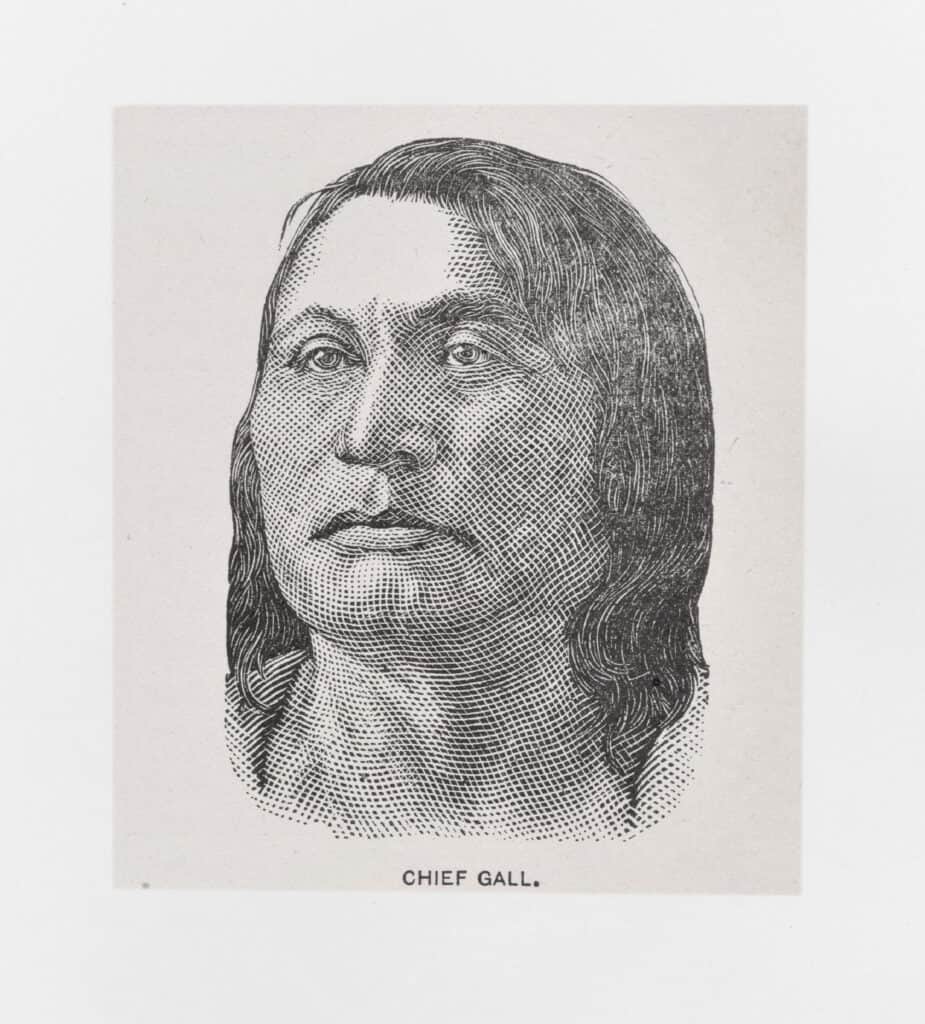Portrait of Native American Sioux Chief Gall, from South Dakota, born 1840 and died 1894. A military leader at the Battle of the Little Bighorn in June 25, 1876. Illustration published in Royal Manual by Henry Davenport Northrop (The Dallas Book Publishing Co.: Dallas, Texas) in 1891.