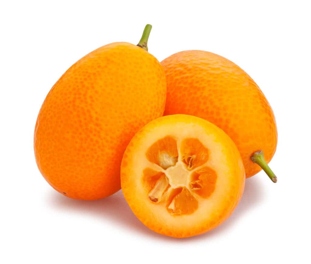 two whole and one sliced kumquat on a white background