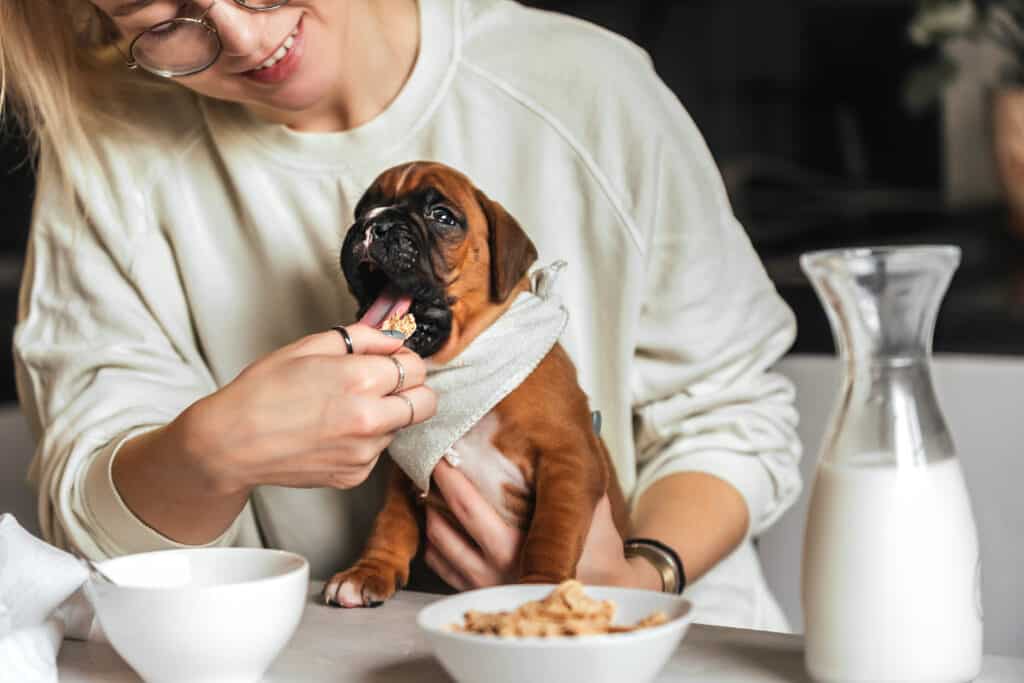 Woman and dog eating breakfast at the table.