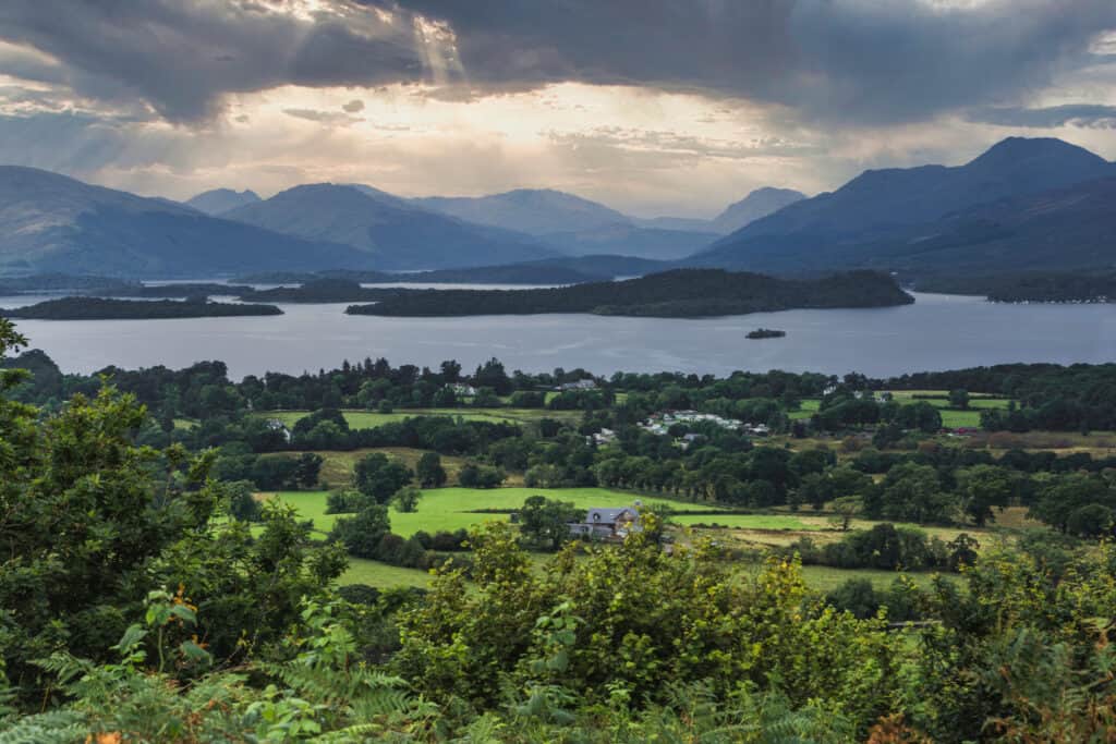 Loch Lomond Panorama with a background of Luss Hills, Arrochar Hills and Ben Lomond, seen from Duncryne Hill, Gartocharn ,The Dumpling , Scotland