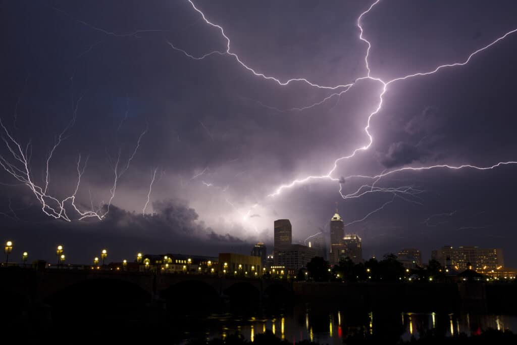 Indianapolis at night during a thunderstorm.