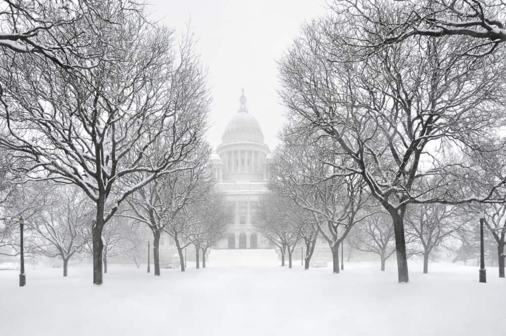 Rhode Island State House in snow.