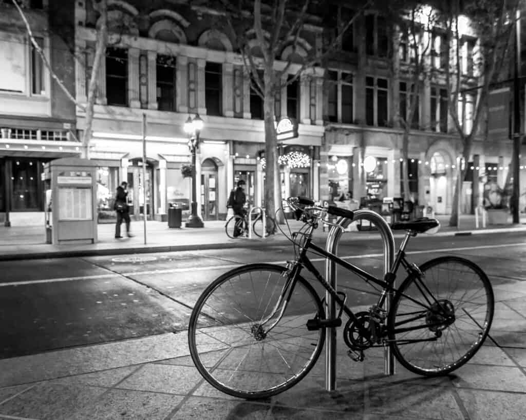 Bicycle at night in downtown San Jose, CA.