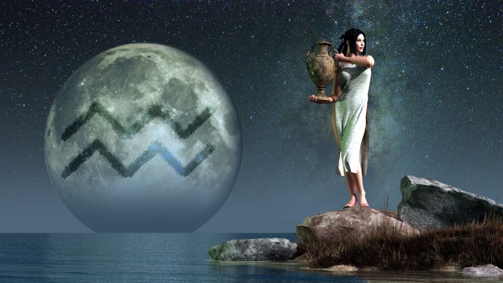 3D illustration of woman carrying water in an urn with Aquarius zodiac symbol on the full moon behind her