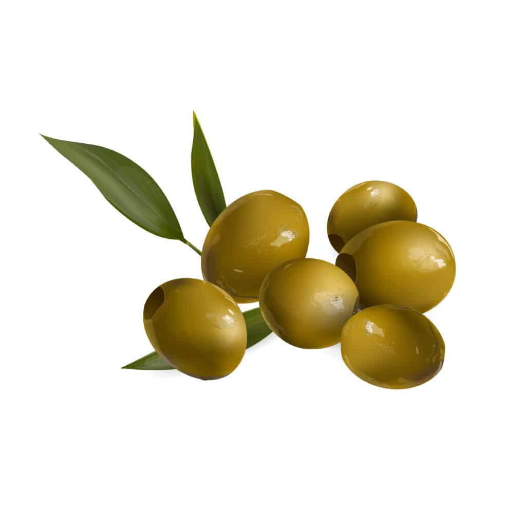 six pitted green olives atop three olive leaves against a white background