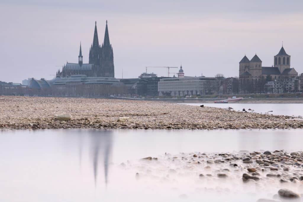 Low water of the Rhine river in Cologne due to the drought in Europe