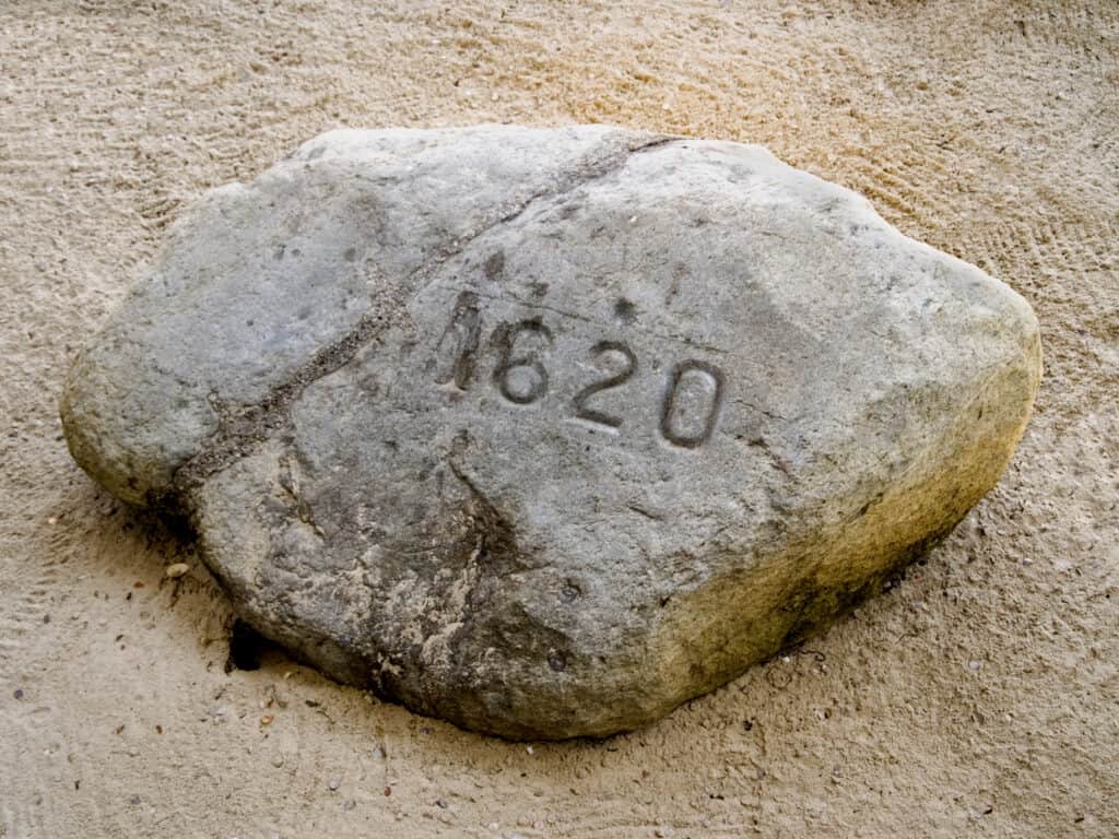 The famous Plymouth Rock, where the Mayflower supposedly landed in the New World.