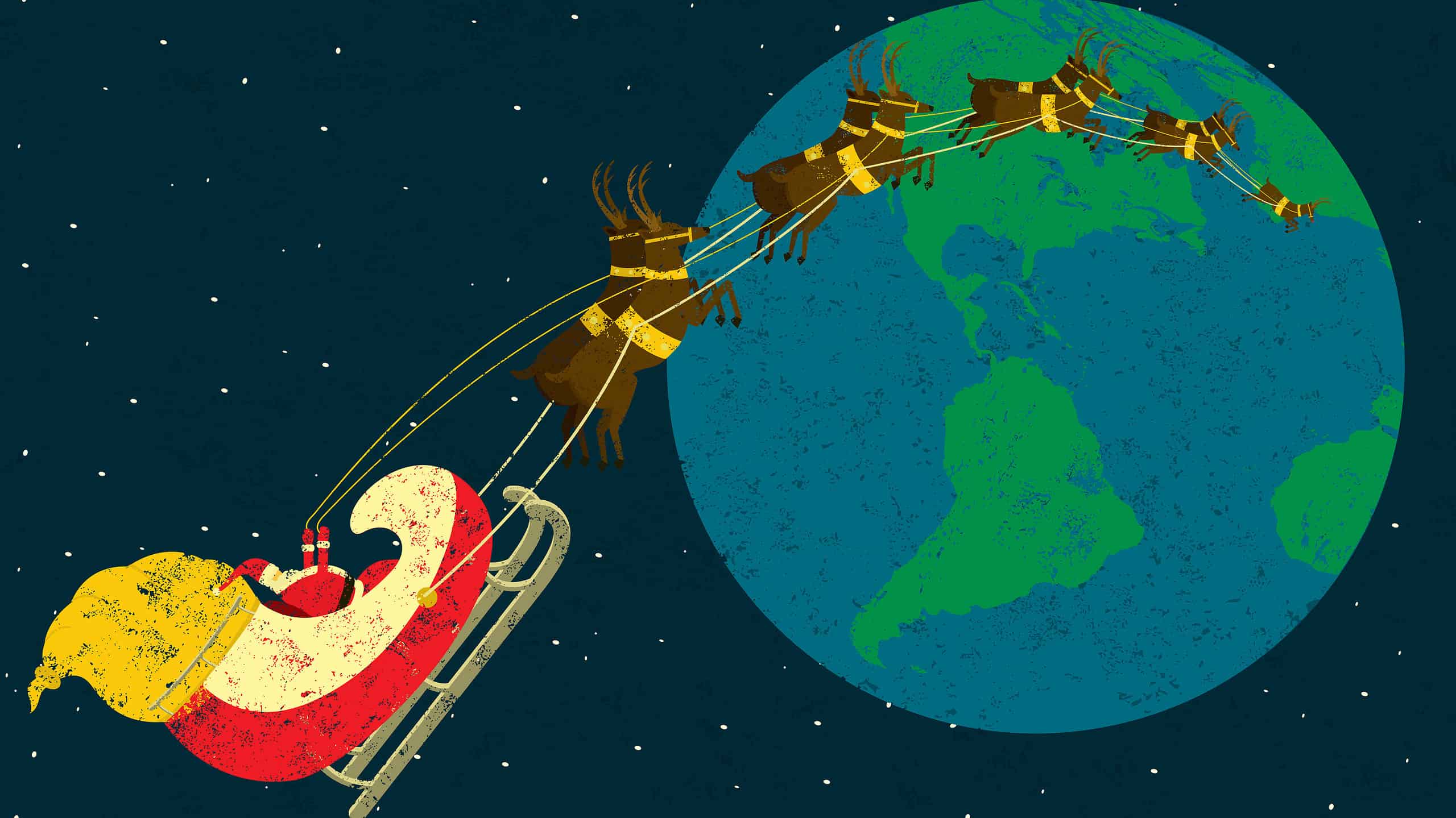 Santa Flies Around the World With His Reindeer