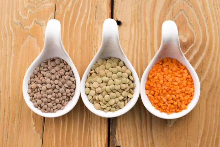 Red lentils, green lentils and brown lentils