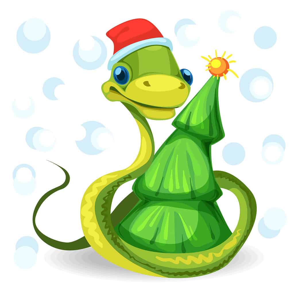 Cute cartoon snake wearing a santa hat wrapped around a christmas tree
