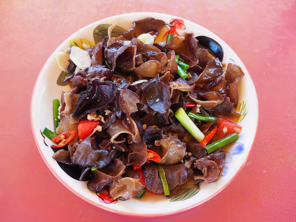 Wood ear mushrooms in a stir fry