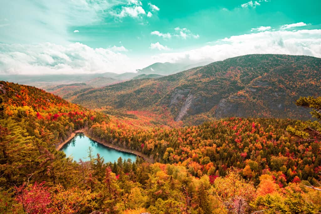 Aerial view of the Adirondack Mountains with brilliant fall foliage